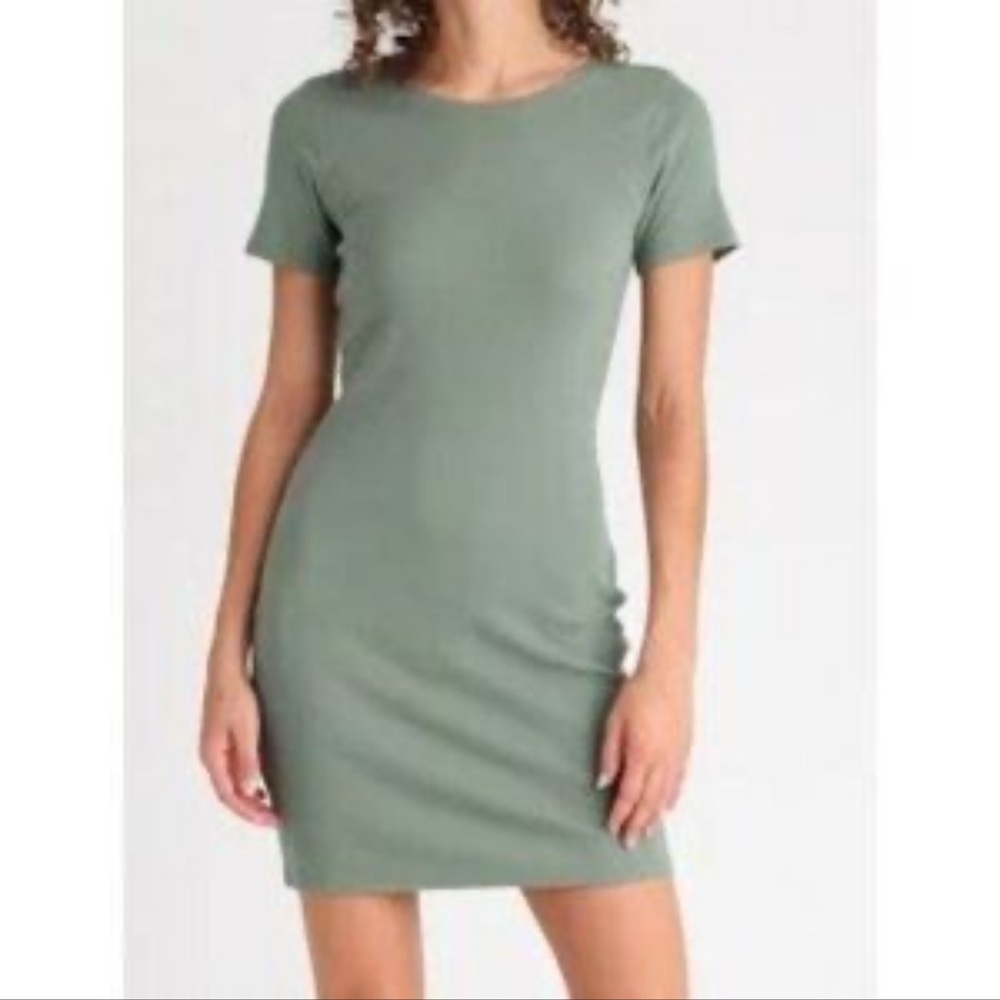 Nordstrom Open Edit Olive Green Ribbed Bodycon Mini Dress Cotton Capsule Size L‎